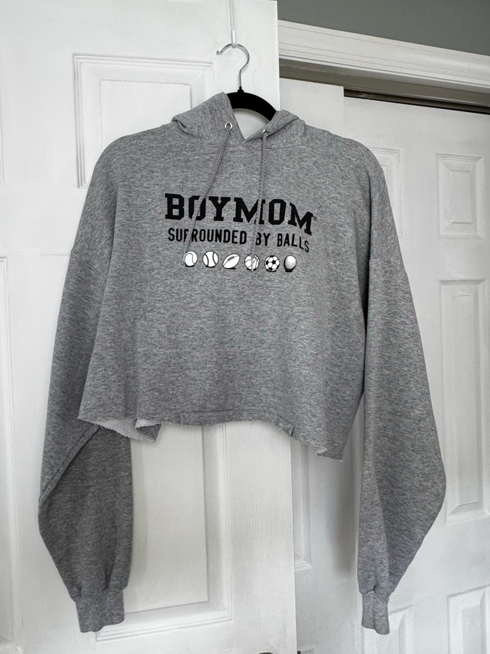 Gray 'Boymom' Cropped Hooded Sweatshirt